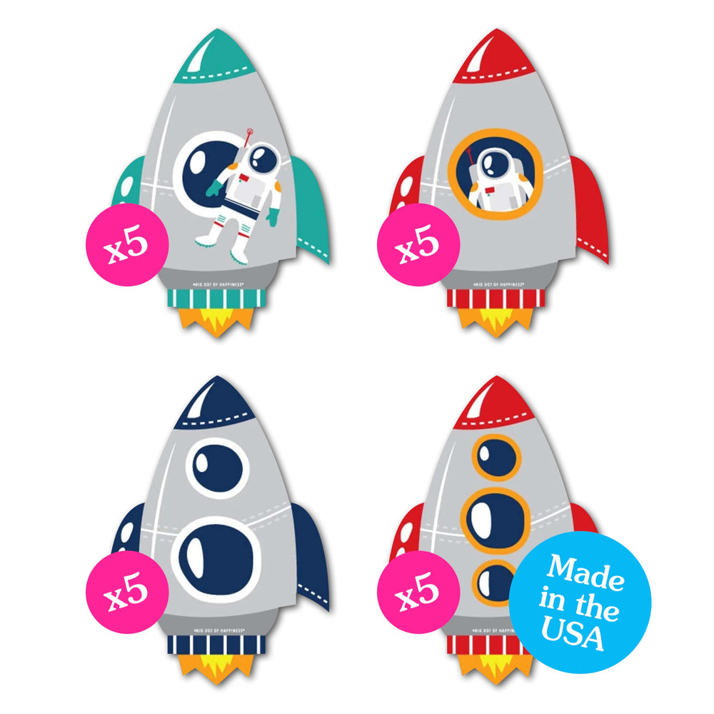 Big Dot of Happiness blast-off rocket ship cutouts, 20 pieces, ideal for DIY decor.