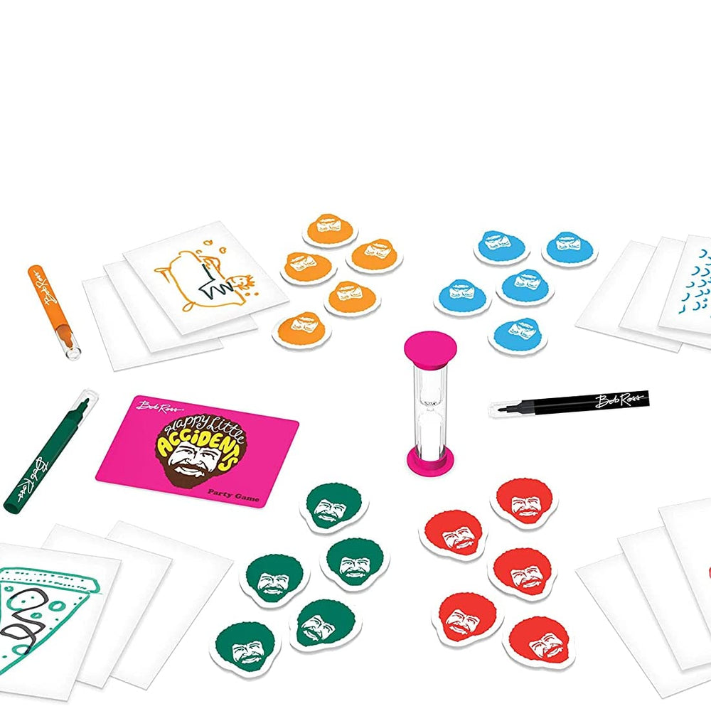 Bob Ross Happy Little Accidents drawing pad and timer for quick doodling sessions.