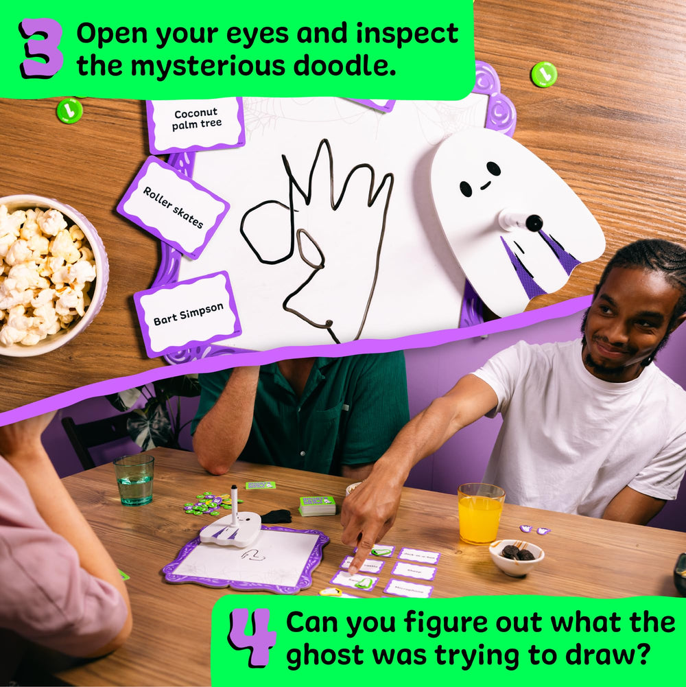 Family game night scene with Ghosts Can't Draw