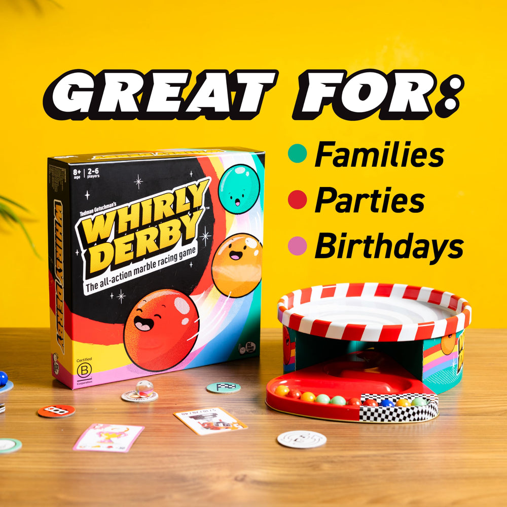 Big Potato Whirly Derby retro design evokes nostalgic marble play moments.