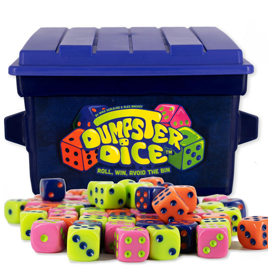 Big Discoveries Dumpster Dice with the complete 80-die set ready for family play nights.