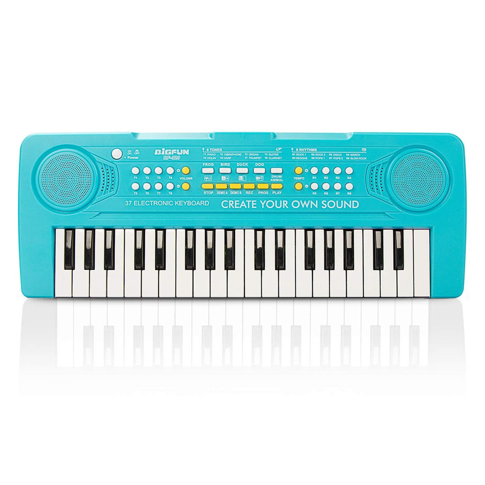 BIGFUN 37-key kids piano in blue, front view showing compact design for small fingers and easy play.