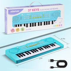 BIGFUN blue toddler keyboard demonstrates posture and hand placement for little hands.