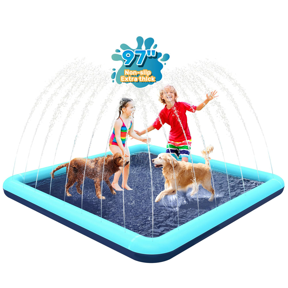 Bilibara ninety-seven-inch splash pad for dogs in teal provides cooling and safe outdoor play.