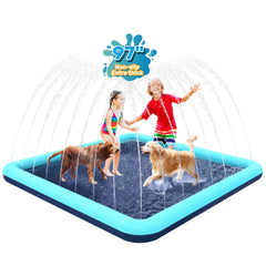 Bilibara ninety-seven-inch splash pad for dogs in teal provides cooling and safe outdoor play.