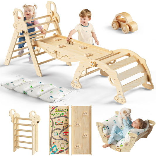Bimomiki Pikler Triangle wooden climber with secure frame for safe early climbing.