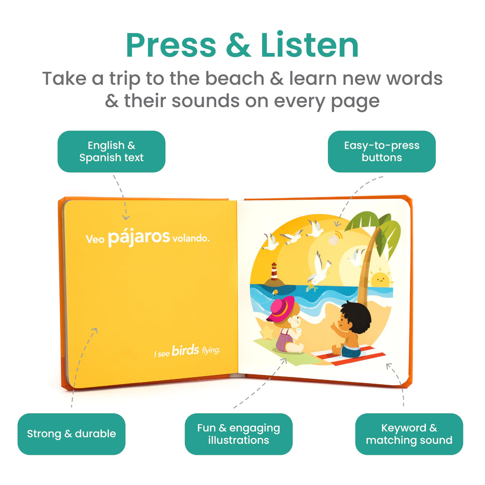 Binibi Beach Sound Book page 1 shows waves and kids for interactive Spanish practice