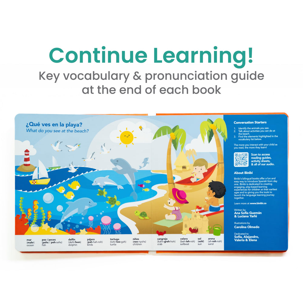 Binibi Beach Sound Book page 6 highlights on/off switch and replaceable batteries for easy use