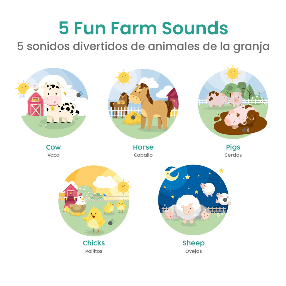 Binibi sound buttons closeup highlighting five animal sounds for sensory play.