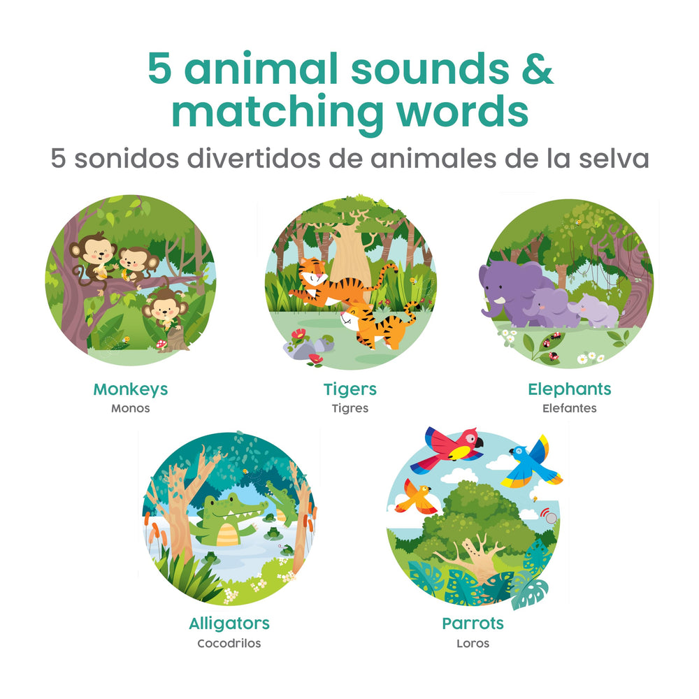 Binibi La Selva page tiger sound supports interactive Spanish practice for toddlers