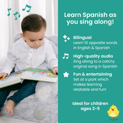 Binibi Spanish Musical Book page shows opposites in English and Spanish.
