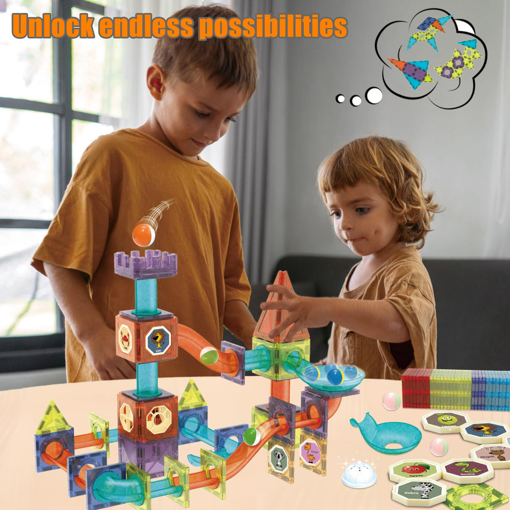 BINZKBB magnetic tiles glow balls light up color sequences during play.