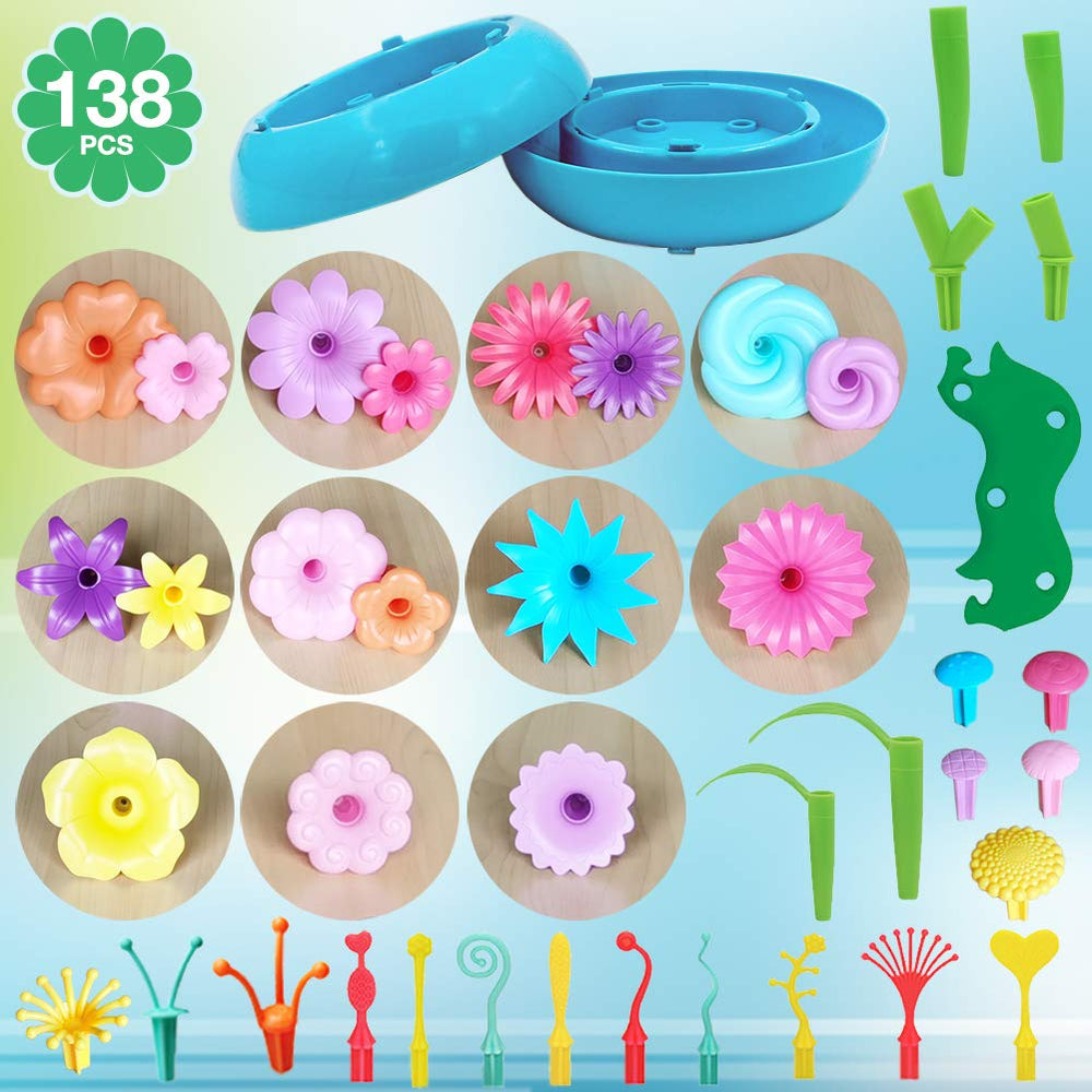 BIRANCO Flower Garden Building Set stacking towers encourage fine motor precision and imaginative play.