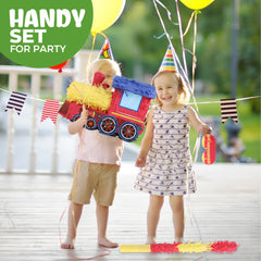 Birchio train pinata used as festive decoration for train-themed parties.