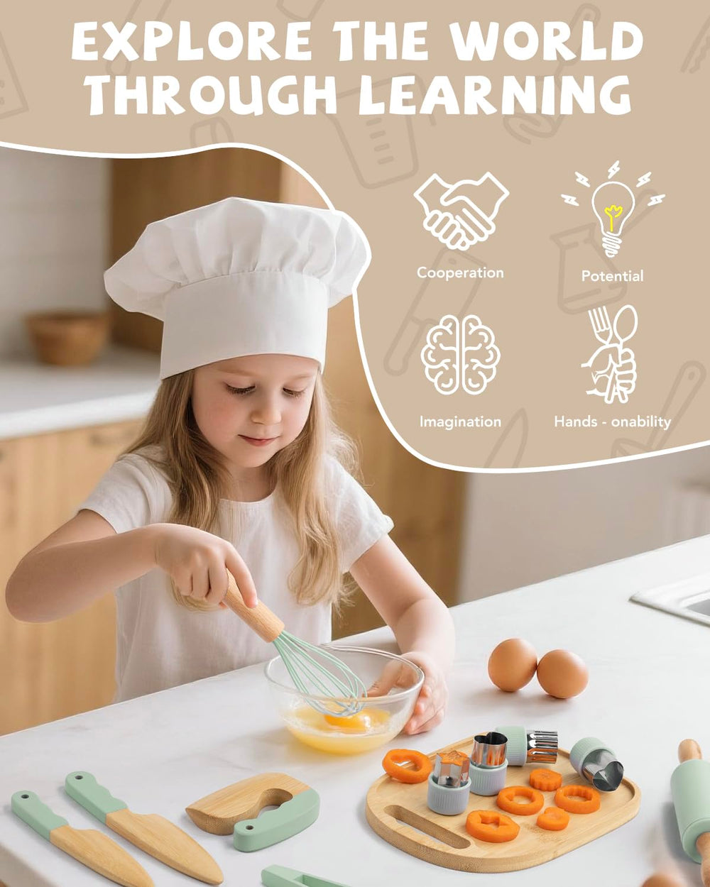 Biticolor wooden bowl and utensils invite hands-on mixing and recipe play