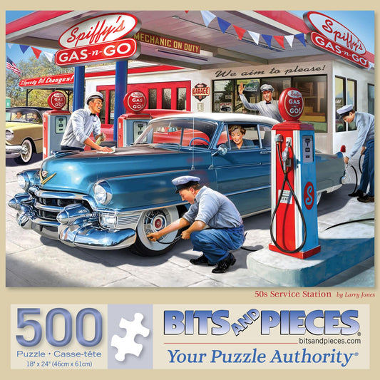 Bits and Pieces puzzle with a colorful 1950s gas station scene for family fun
