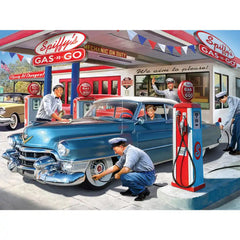 Bits and Pieces 1950s service station artwork captures chrome cars, a nostalgic family activity.