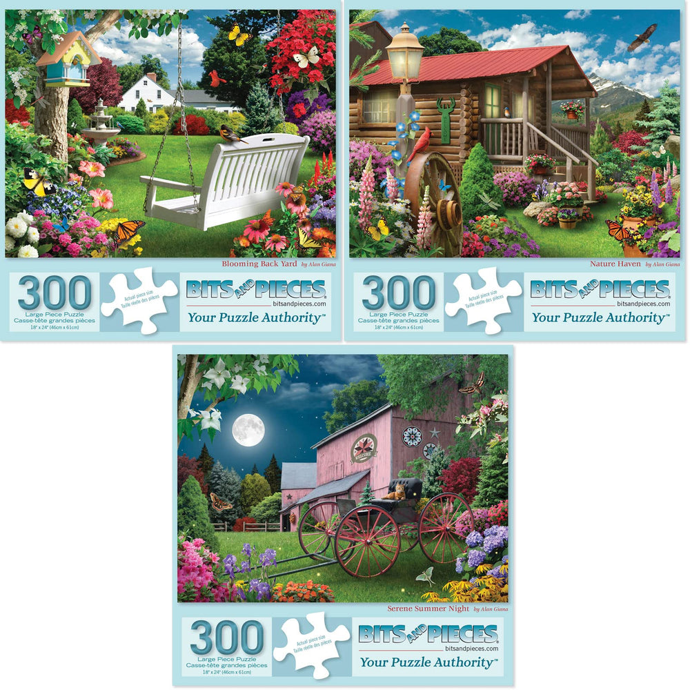 Bits and Pieces Blooming Back Yard puzzle image showing vibrant garden scenes for relaxing evenings.