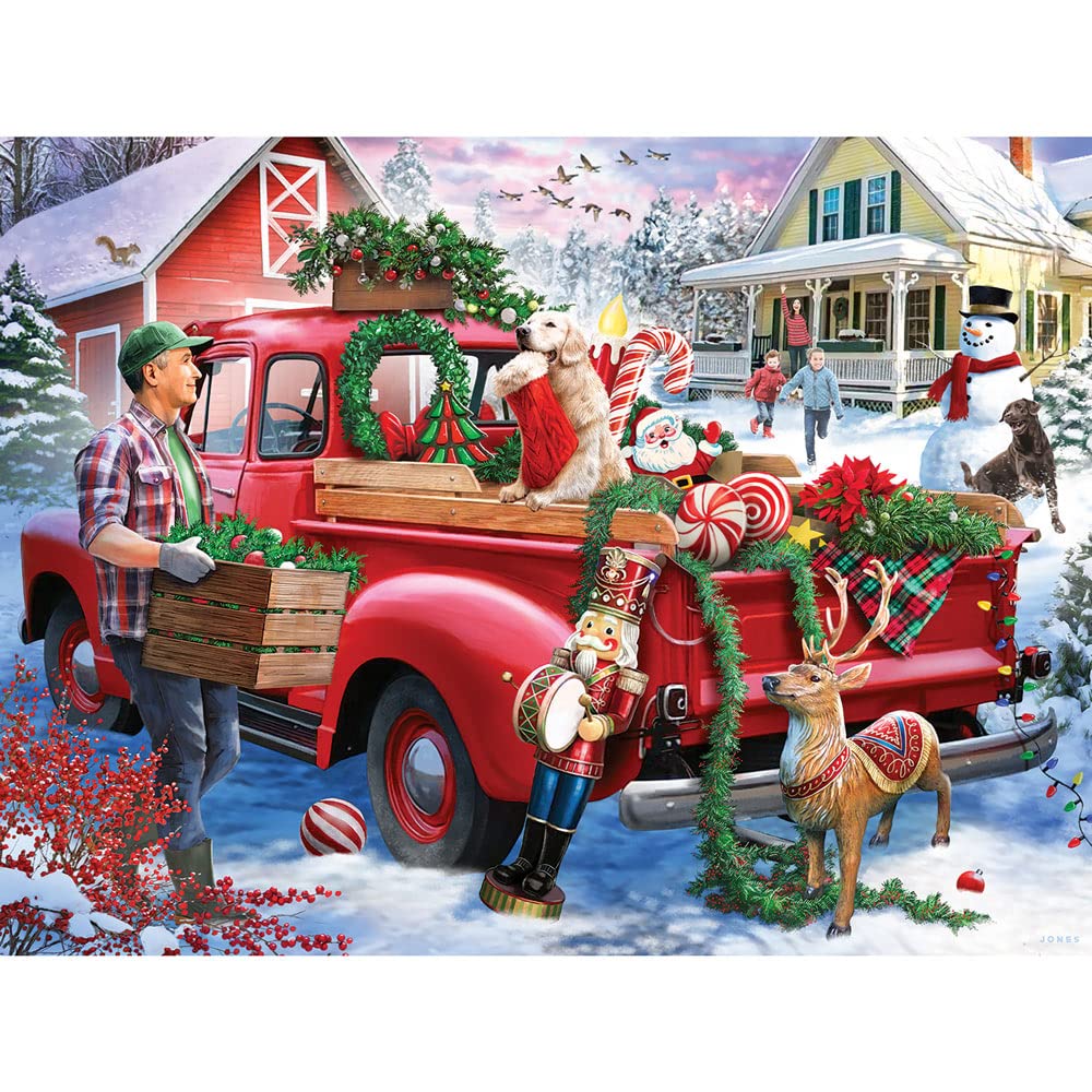 Bits and Pieces Deck The Halls completed puzzle on table, great for group puzzling