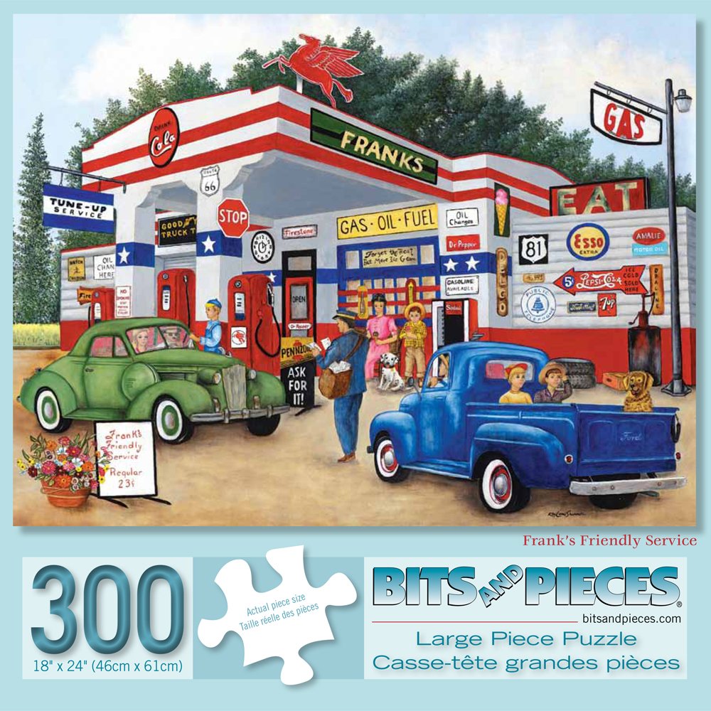 Bits and Pieces puzzle cover featuring Frank's Friendly Service for relaxing evenings.