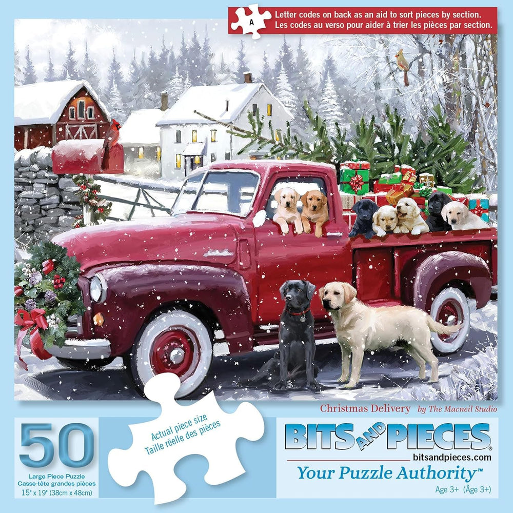 Bits and Pieces red truck presents dogs puzzle artwork sparks holiday nostalgia