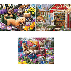 Bits and Pieces Signs of Spring puzzle with puppies in the garden, ideal for family time