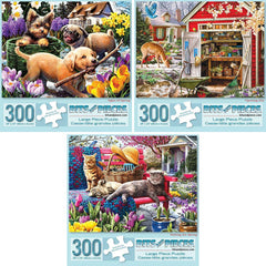 Bits and Pieces Waiting for Spring puzzle features cats on a bench for a cozy evening challenge