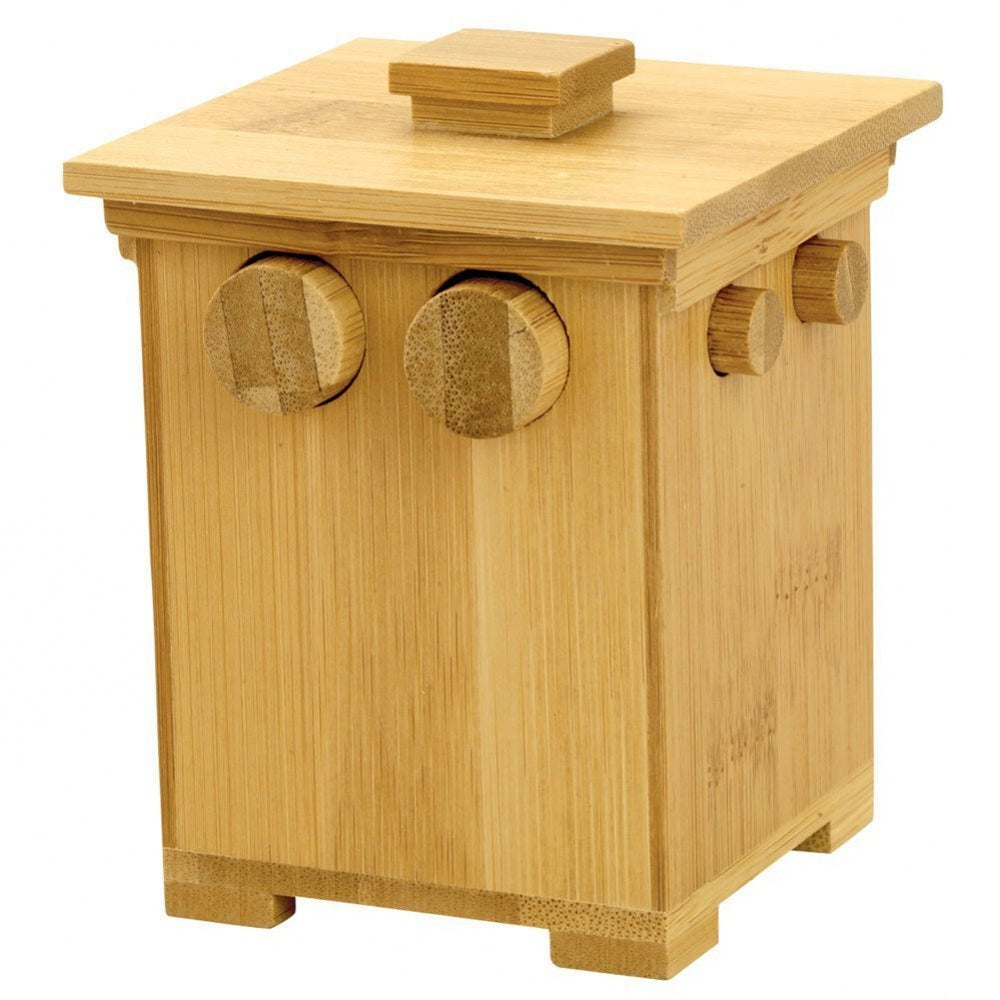 Bits and Pieces wooden puzzle box with bamboo tower cover, a clever unlock challenge for desks