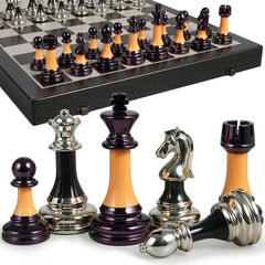 BIVOMON chess set on a 16-inch wooden board, foldable for easy transport