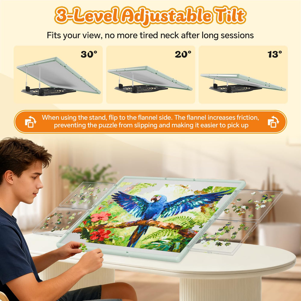 BJPuzT dual-sided puzzle table with velvet surface preventing piece slips.