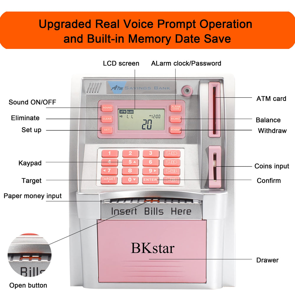 BKstar Kids Talking Pink ATM Piggy Bank coin deposits update balance