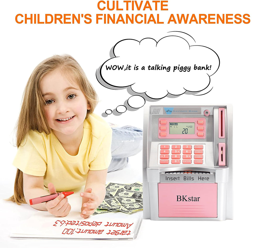BKstar Kids Talking Pink ATM Piggy Bank debit card screen for spending prompts