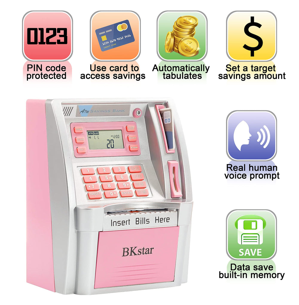 BKstar Kids Talking Pink ATM Piggy Bank open drawer shows saving access
