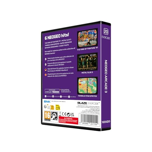 Blaze Evercade NEOGEO Arcade 3 back view showcasing six included titles for variety.