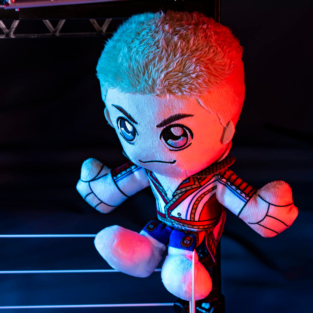 Bleacher Creatures Cody Rhodes collectible plush for display.