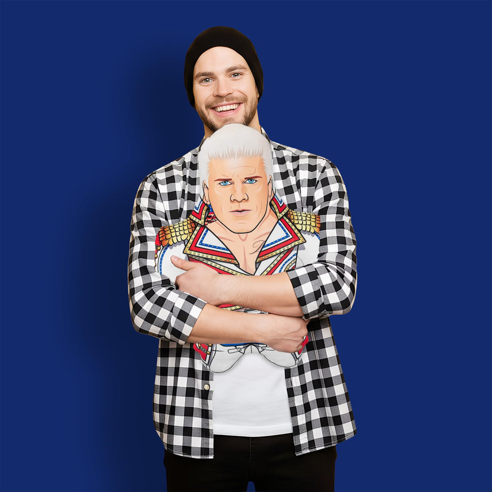 Bleacher Creatures Cody Rhodes plush face close-up, shows accurate facial features