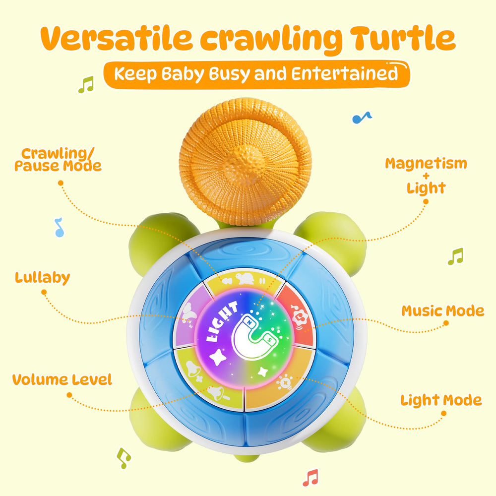 BLF FUN crawling-action image highlights multiple play modes and parent-controlled volume.