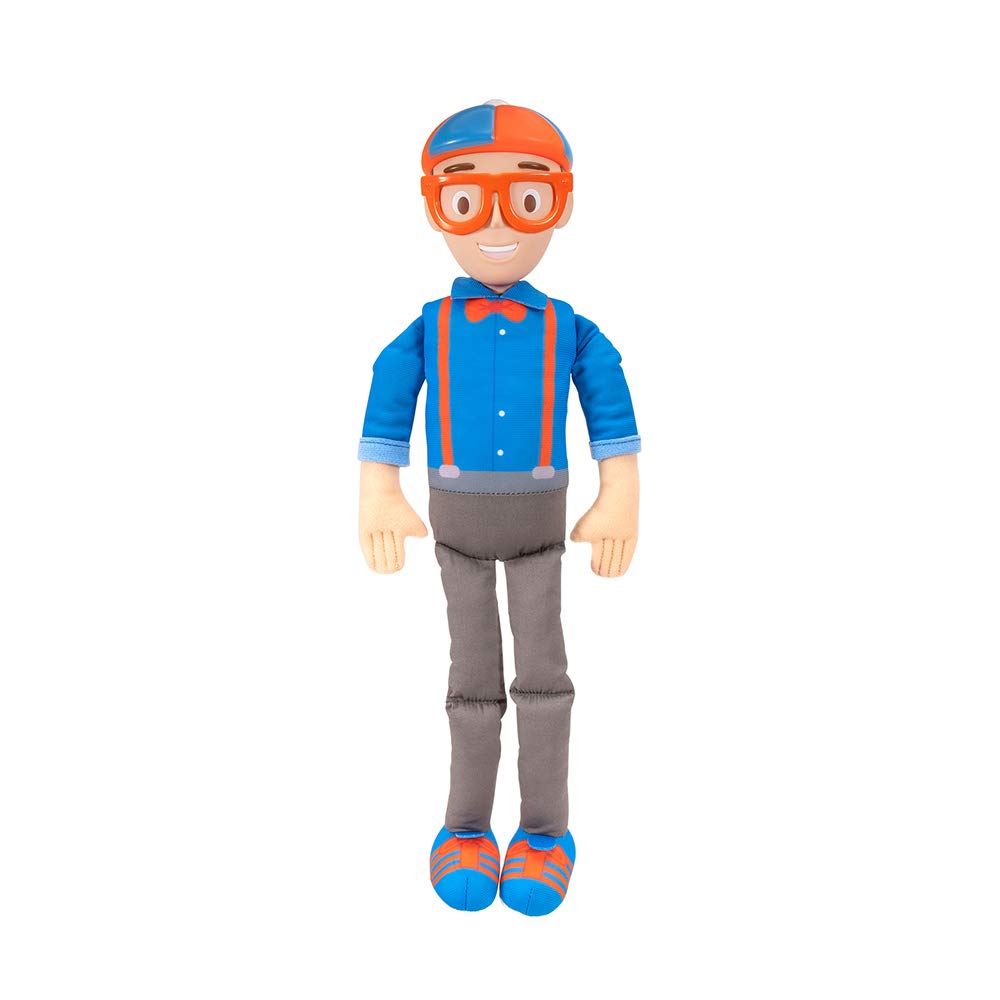 Blippi plush belly squeezes to reveal familiar phrases during playtime