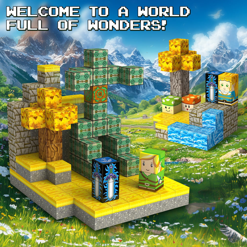 BlockstarterX magnetic cubes create a grassland backdrop, enhancing hands-on construction skills.