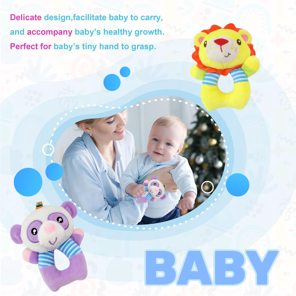 BLOOBLOOMAX soft plush animal rattle enhances grip and exploration.