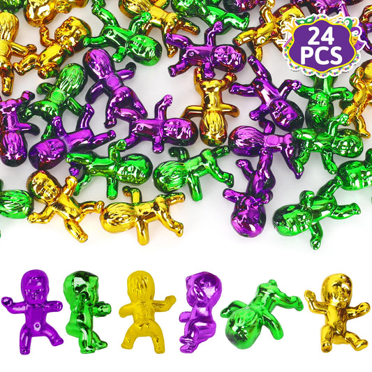 Blowata king cake babies in Mardi Gras colors for decorations and games