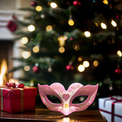 Blue Garlic Pink Masquerade Mask back view, comfortable strap for all-night wear