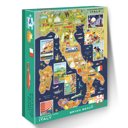 Blue Lobster puzzle box front with Italian postcard art, ideal for family evenings