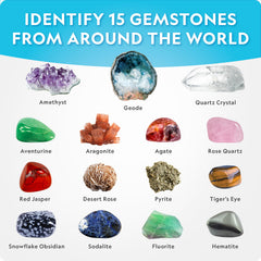 Blue Marble Mega Gemstone Dig Kit magnifying glass examining a gemstone
