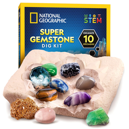 Blue Marble Gemstone Dig Kit excavating real gems with kid-friendly tools.
