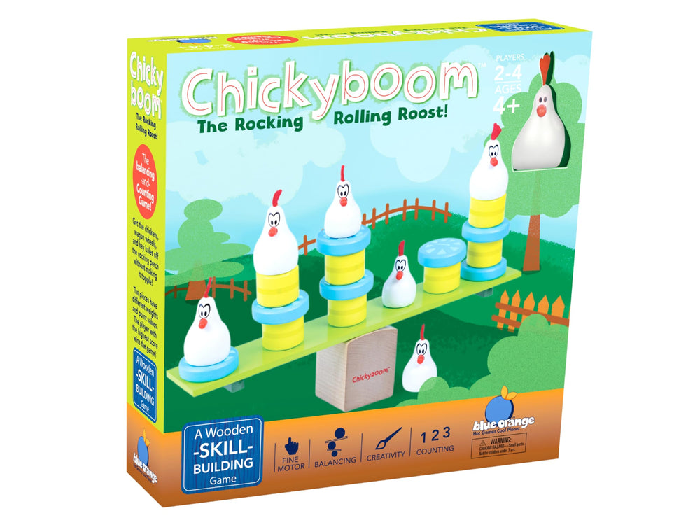 Blue Orange Chickyboom perch setup to practice balance and stacking.