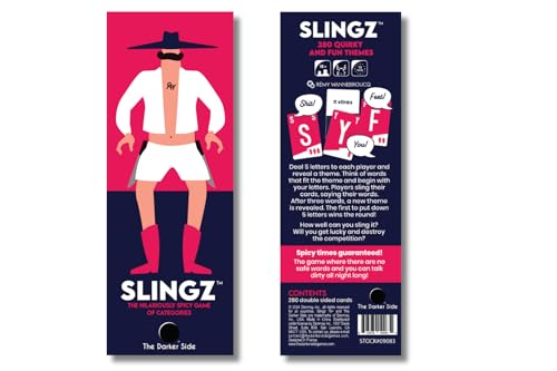 Blue Orange Slingz double-sided cards with themes and letters for rounds.
