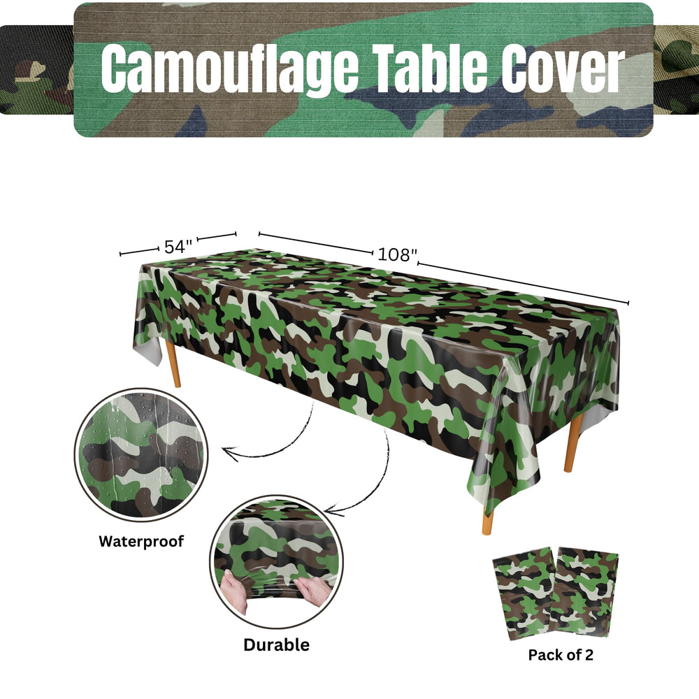 Blue Orchards camouflage table cover displayed on a dining table for army-green decor
