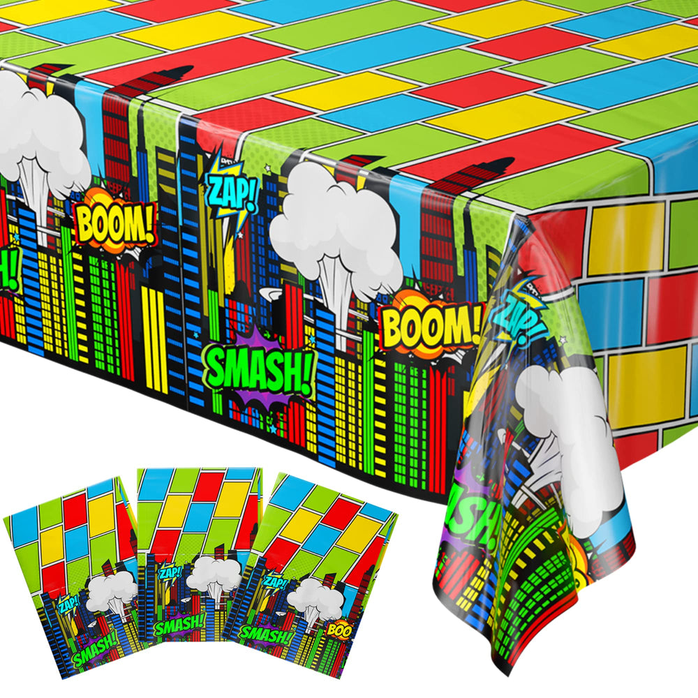 Blue Orchards comic superhero table cover with bold graphics, ideal as a party backdrop.