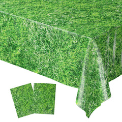 Blue Orchards Grass Tablecovers cover a rectangular table with a lush grassy look, great for jungle parties.